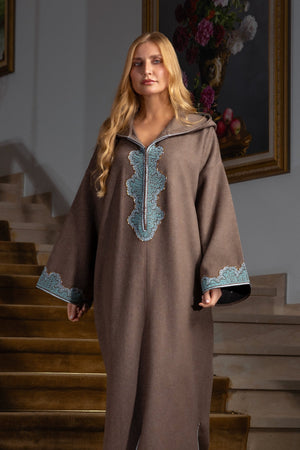 Jellaba Marron aux Finitions Turquoise - Ladmana