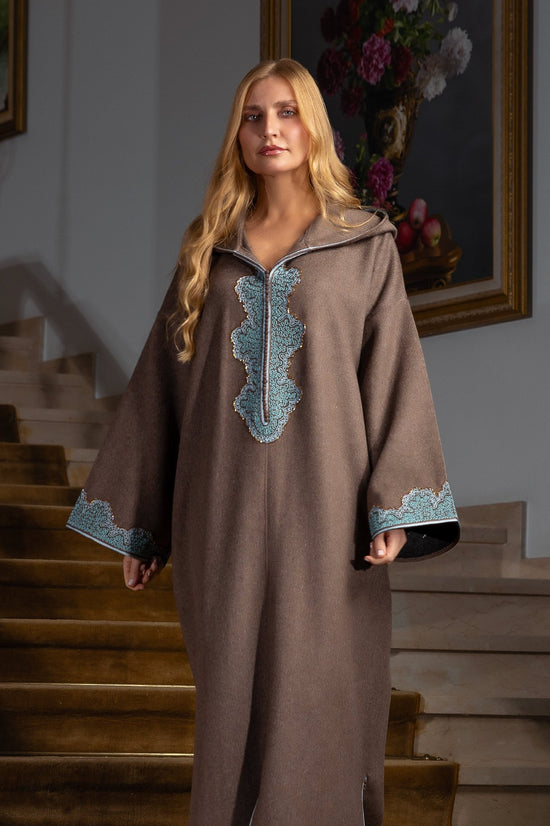 Jellaba Marron aux Finitions Turquoise - Ladmana